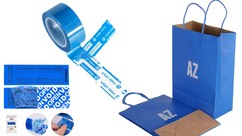 Blue roll of security tape and security labels with 'VOID OPEN' beside a packaging bag