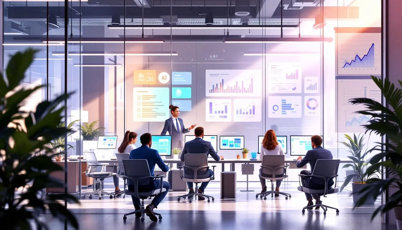 The image depicts a futuristic office environment where business leaders are collaborating with intelligent AI agents to streamline complex workflows and enhance efficiency. Various AI tools and autonomous agents are showcased, highlighting their role in automating repetitive tasks and driving revenue growth through data-driven decision making.