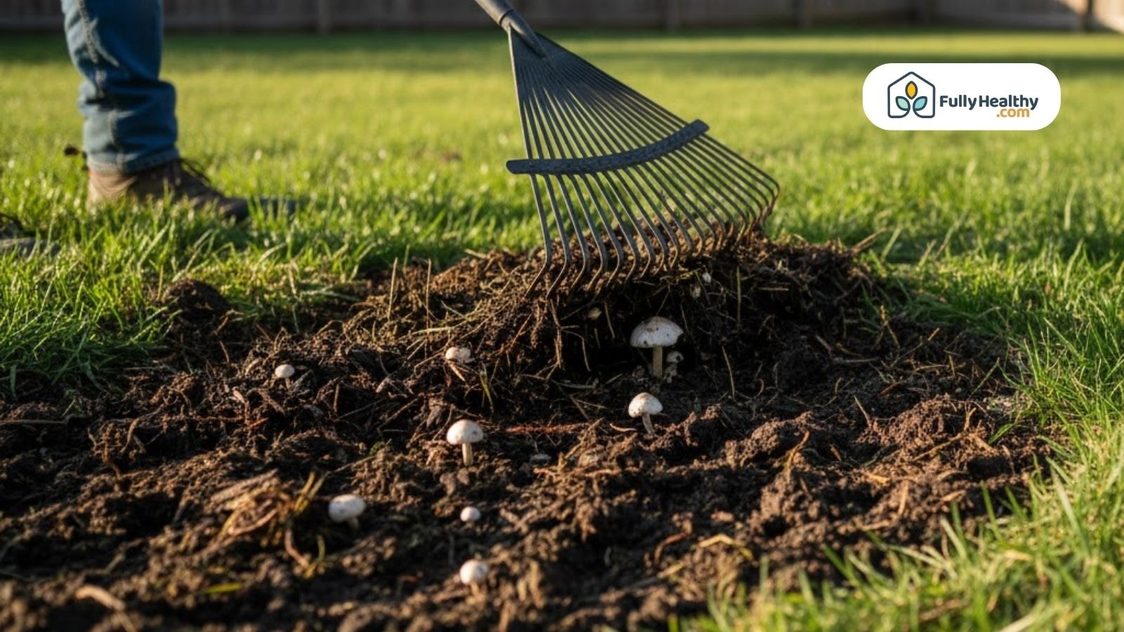 Gardener using rake to remove mushrooms from moist decomposing lawn soil