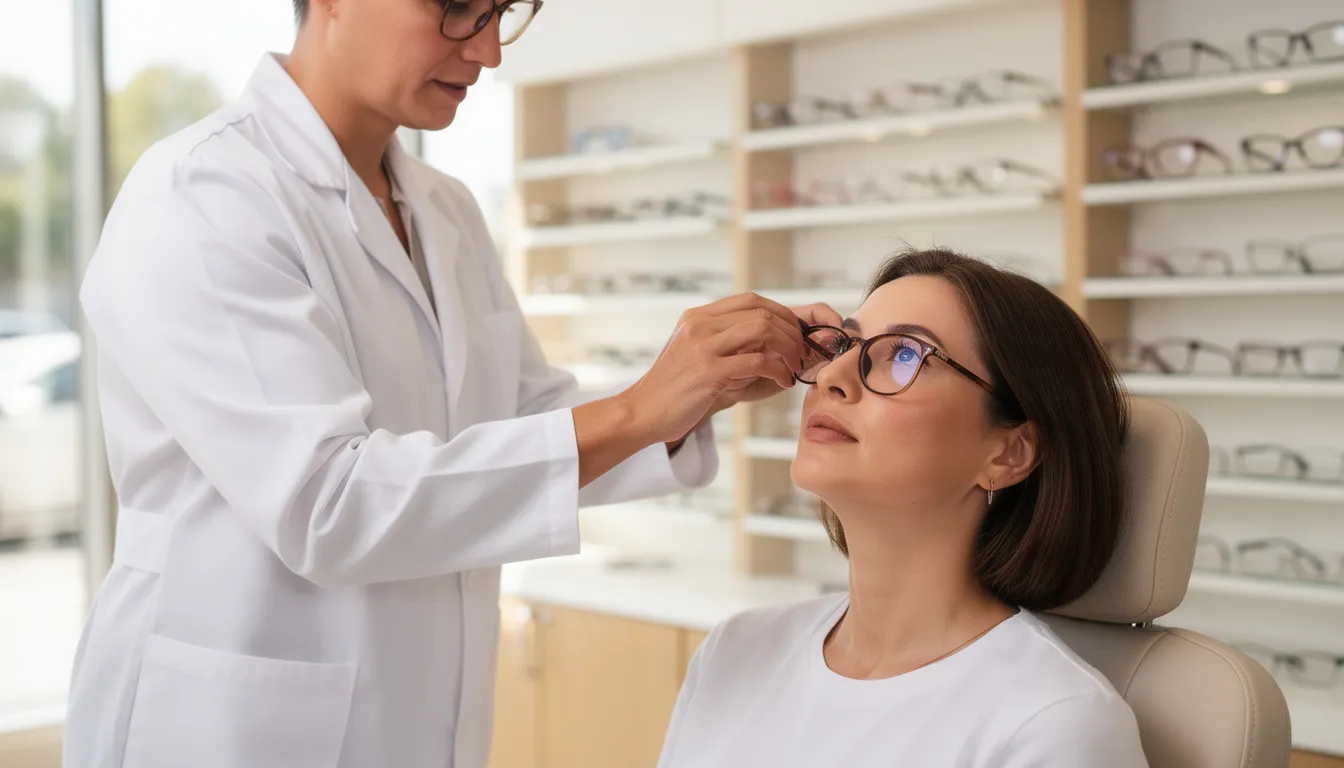 Een opticien past een nieuwe multifocale bril aan voor een betere pasvorm en comfort, terwijl hij de klant adviseert over het wennen aan de verschillende sterktes van de brillenglazen. De klant lijkt aandachtig te luisteren en kijkt naar zijn reflectie in de spiegel, terwijl de opticien de bril zorgvuldig afstelt.