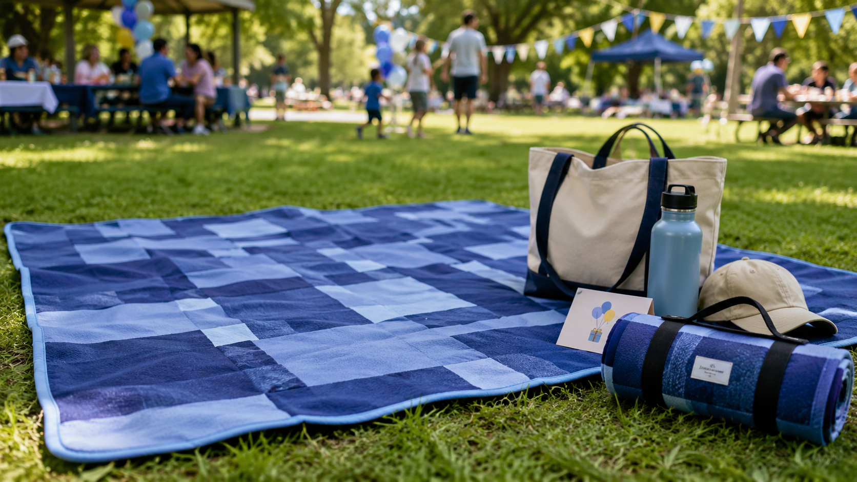 Custom picnic blanket with a woven label and carry straps, presented as a birthday gift at an outdoor employee celebration