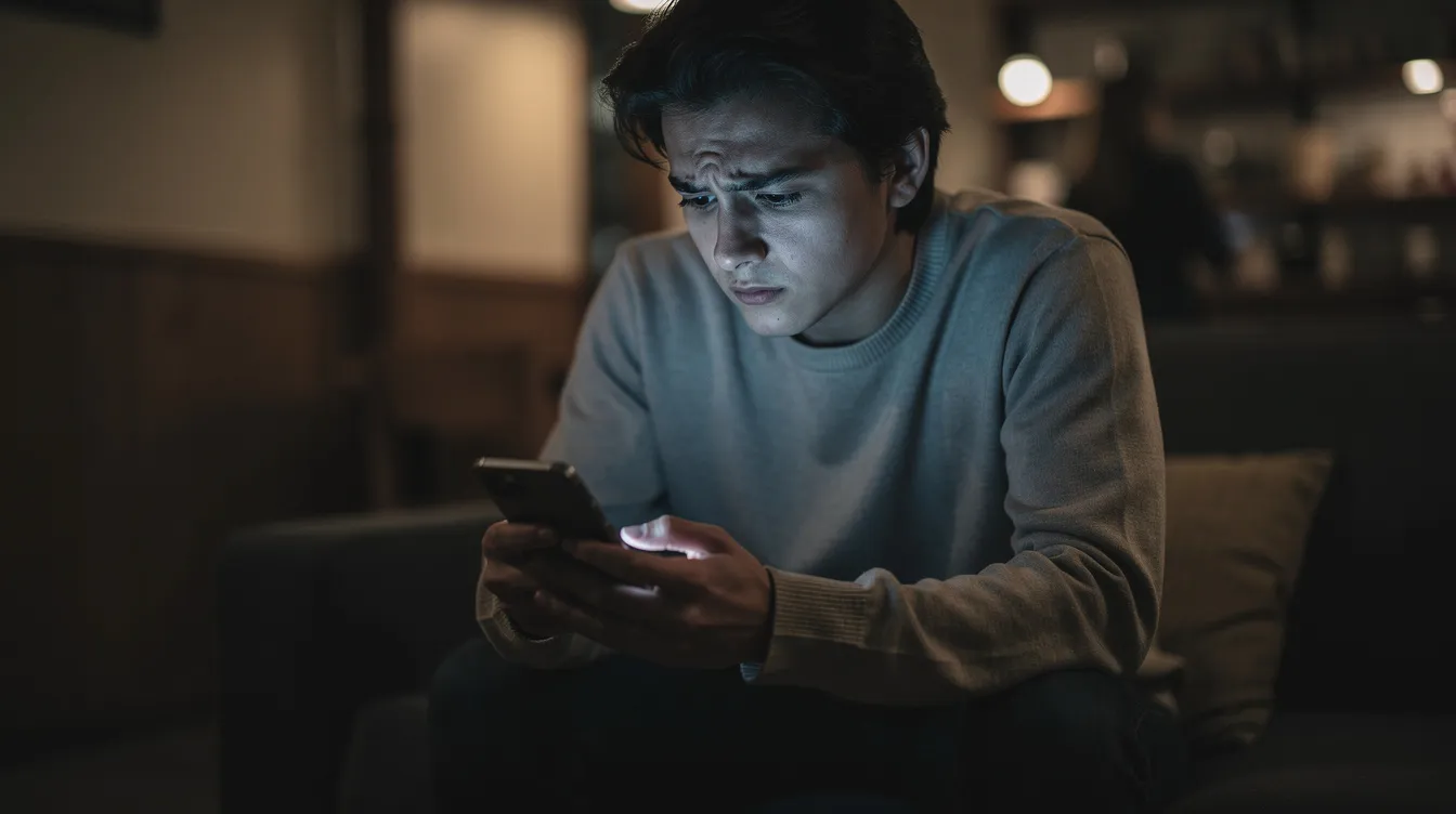 A person sits alone, gazing at their phone with a contemplative expression, reflecting on unfulfilled promises and future plans in their romantic relationships. This moment captures the emotional weight of experiencing future faking and the impact it has on one's mental health and self-esteem.