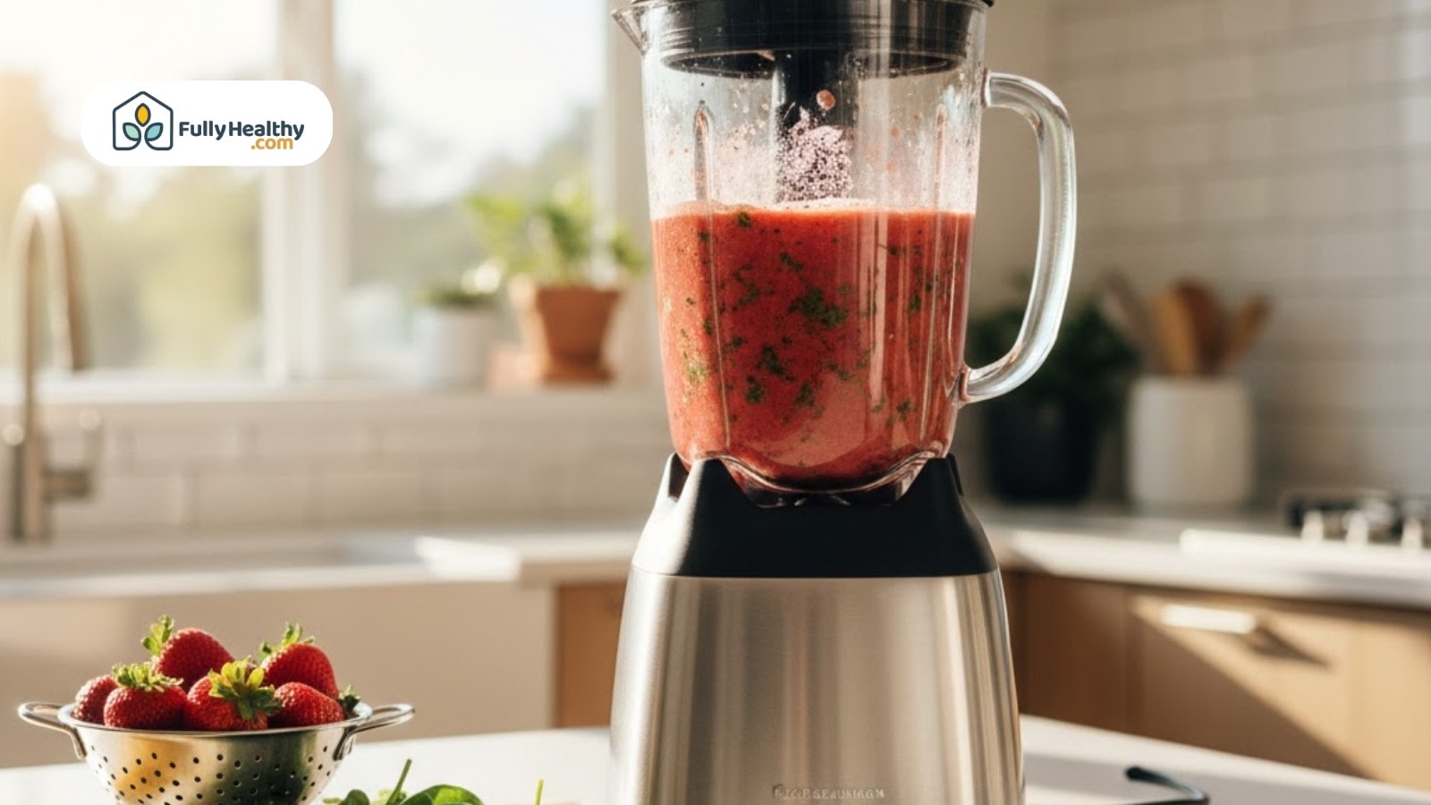 Blender mixing strawberry smoothie with greens beside colander of fresh berries