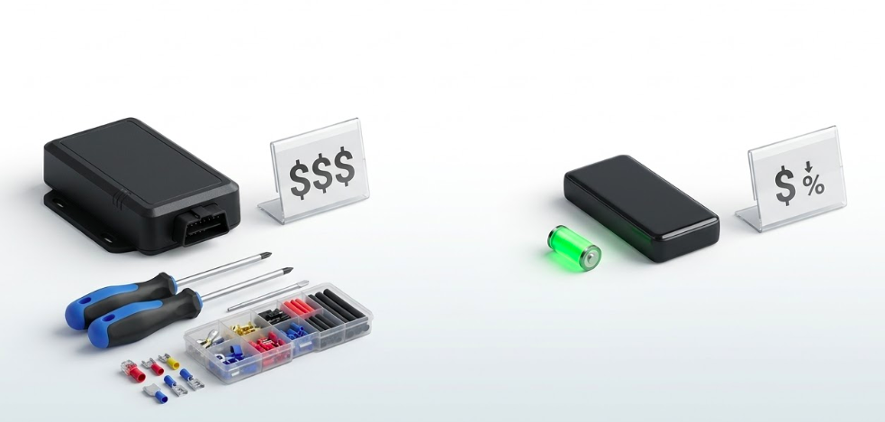 Cost comparison between wired and wireless GPS trackers showing device cost, installation tools for wired, and battery for wireless
