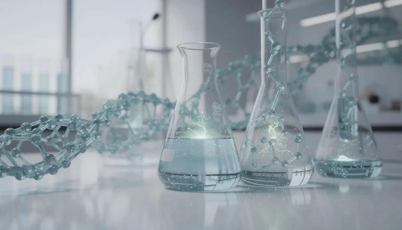 The image features abstract molecular chains intertwined with scientific laboratory glassware, symbolizing the complex interactions of amino acids and peptides, such as collagen peptides and bioactive peptides, which are essential for skin health and muscle growth. This visual representation highlights the significance of peptide synthesis and their therapeutic benefits in fields like wound healing and chronic inflammatory skin diseases.