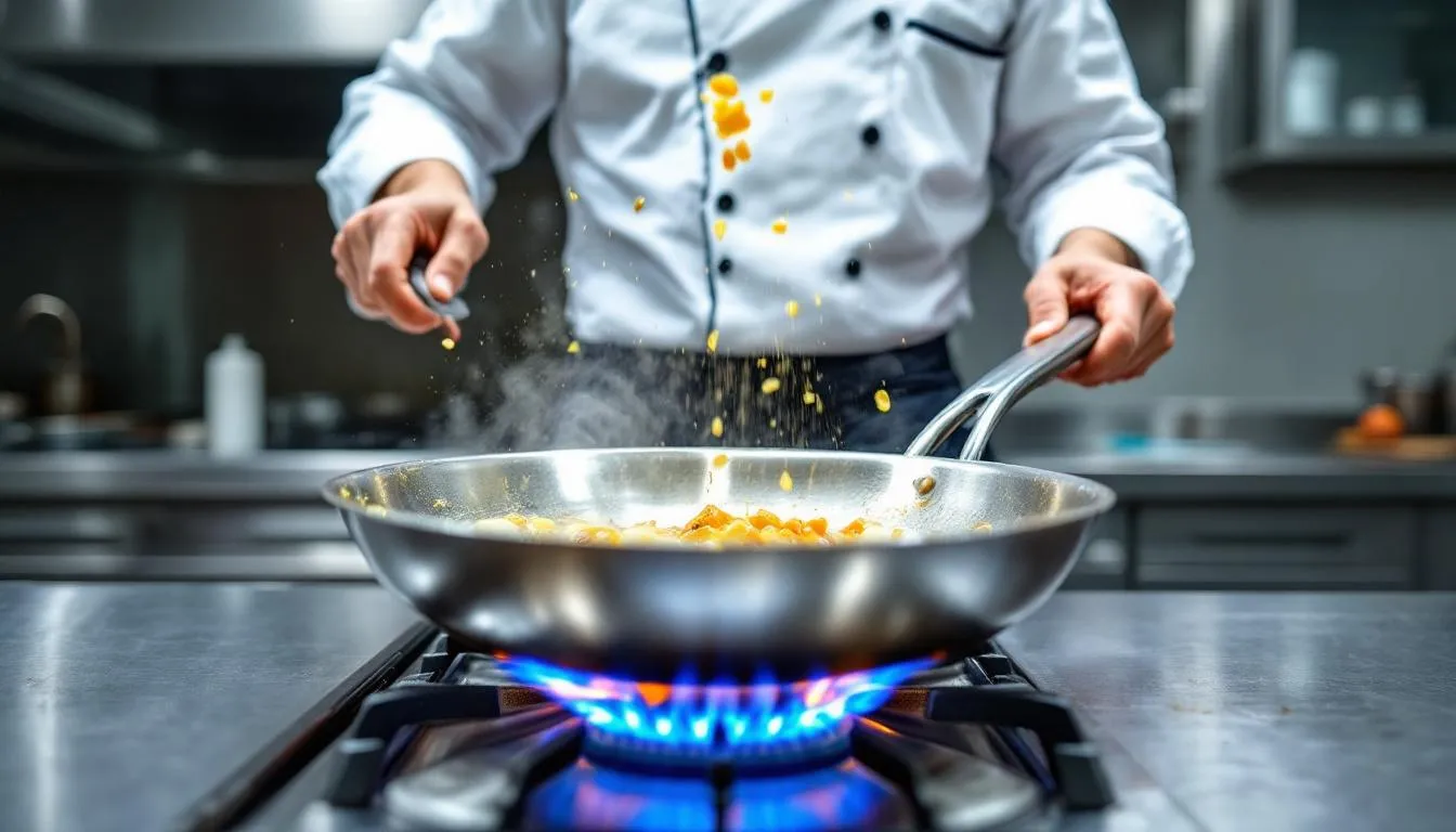 A professional chef is skillfully cooking with high heat oil in a stainless steel pan placed over a gas flame, showcasing the use of various cooking oils such as olive oil and canola oil that are ideal for high heat cooking techniques. The scene captures the vibrant energy of the kitchen, emphasizing the importance of oils with high smoke points for optimal cooking results.