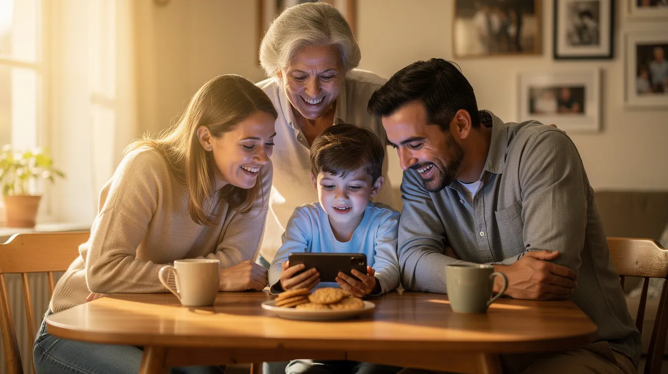 A joyful family sits around a table, sharing a moment as they look at a mobile phone screen together, likely discussing remittance transactions from Bangladeshi overseas workers. Their smiles reflect the empowerment and connection that foreign remittances bring to the global Bangladeshi diaspora.