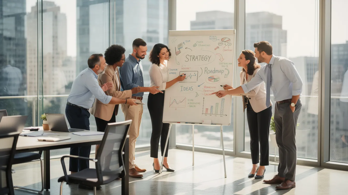 Une équipe diversifiée se regroupe autour d'un tableau blanc dans un bureau moderne, échangeant des idées et collaborant sur des projets. Ces collègues, sous la direction d'un nouveau manager, partagent leurs conseils pour surmonter les défis quotidiens de l'organisation.