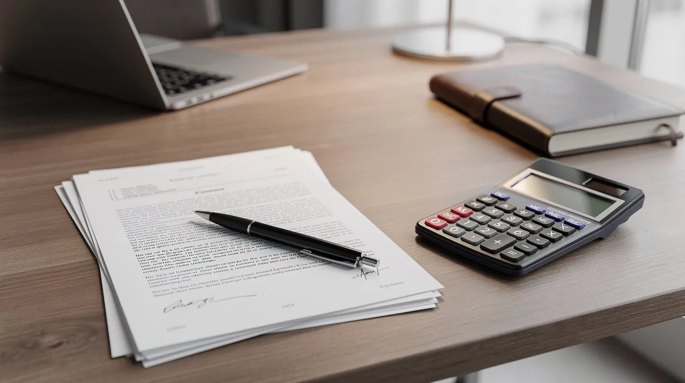 The image depicts a professional office desk featuring neatly arranged legal documents, a calculator, and a few office supplies, creating an organized workspace typical for a social security disability lawyer. This setting suggests a focus on managing social security disability claims and assisting clients with their legal rights and benefits.