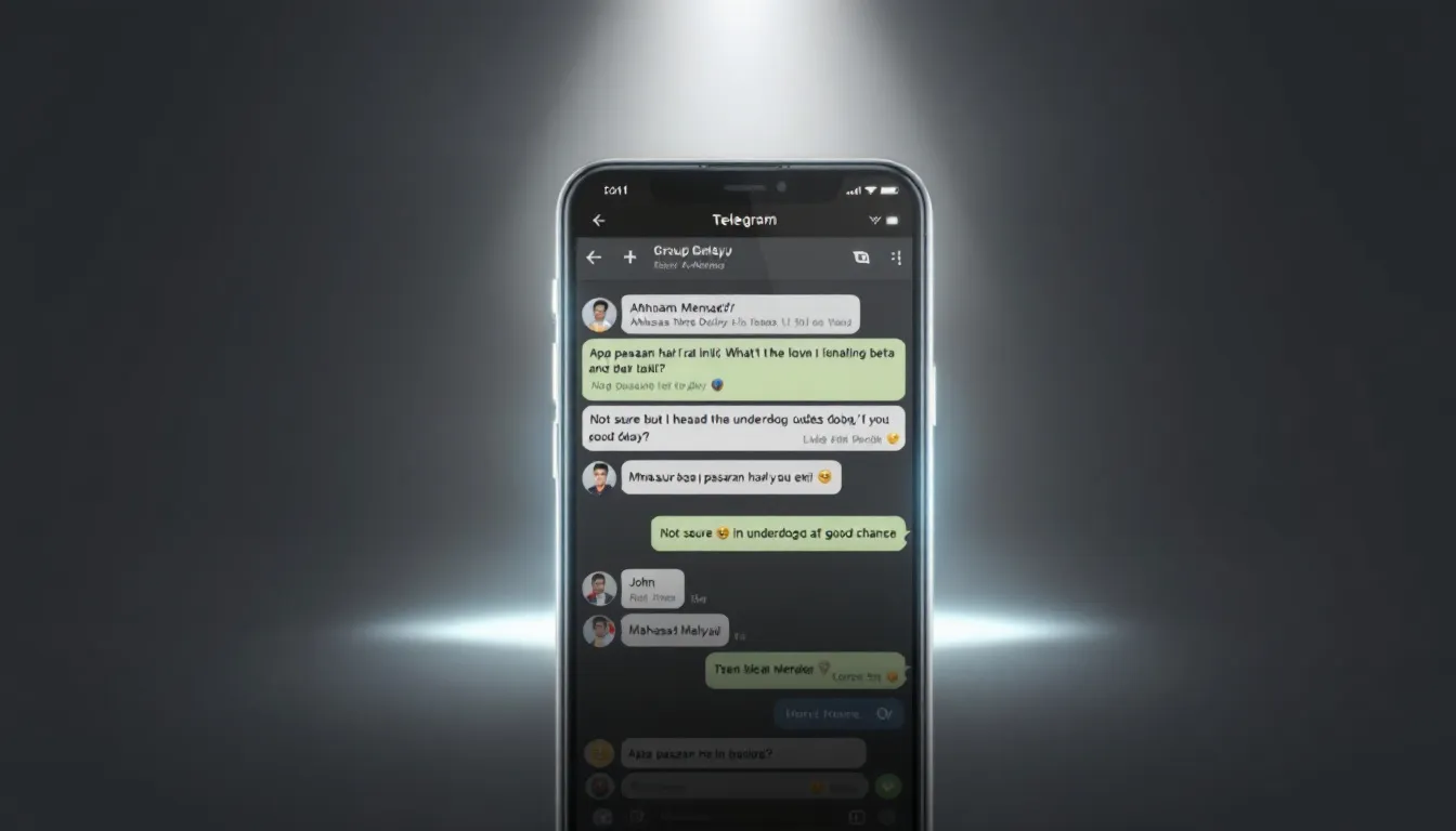 A realistic smartphone screen displays an active Telegram group chat focused on betting strategies, featuring messages in both Bahasa Melayu and English. The chat includes discussions that can help users navigate financial decisions related to betting.