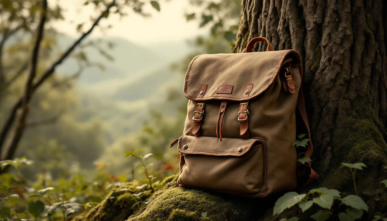 Ein Vintage-Rucksack aus Segeltuch vor einer natürlichen Kulisse im Freien.