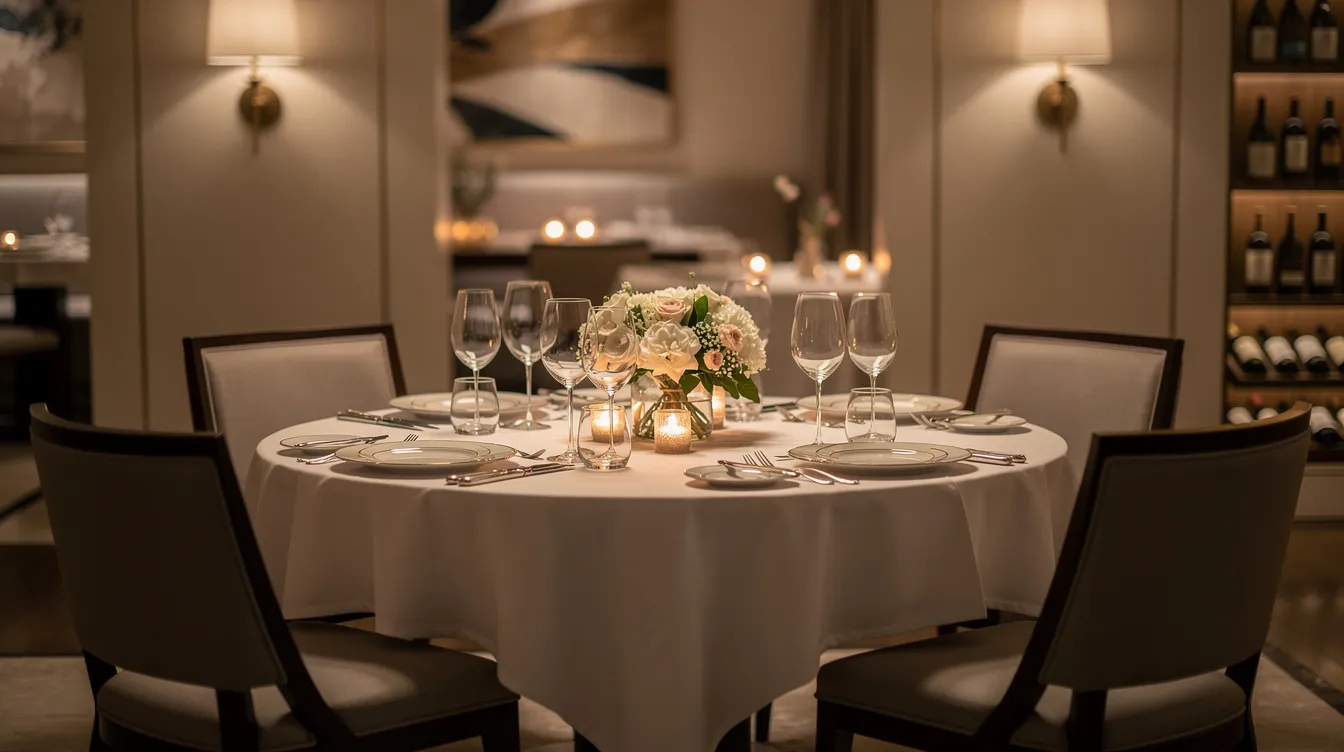 An intimate private dining setting with warm lighting and an elegant table arrangement.