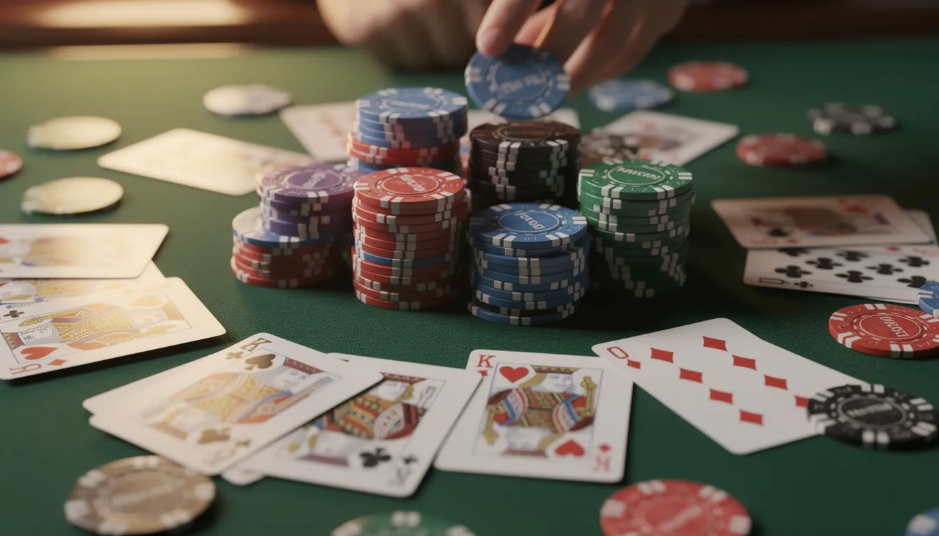 Een groene vilt tafel is bedekt met kleurrijke casinofiches en speelkaarten, die samen een levendige sfeer van een fysiek casino oproepen. Dit beeld roept de opwinding van gokken op, waarbij spelers zich kunnen wagen aan spellen in een betrouwbaar casino zonder cruks.