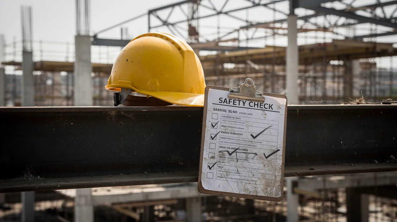 A construction hard hat and a clipboard with a checklist are resting on a steel beam at a partially completed building site, symbolizing essential project management tasks and the oversight of key personnel involved in the construction project. The scene highlights the importance of compliance with construction contracts and the effective management of the project schedule.