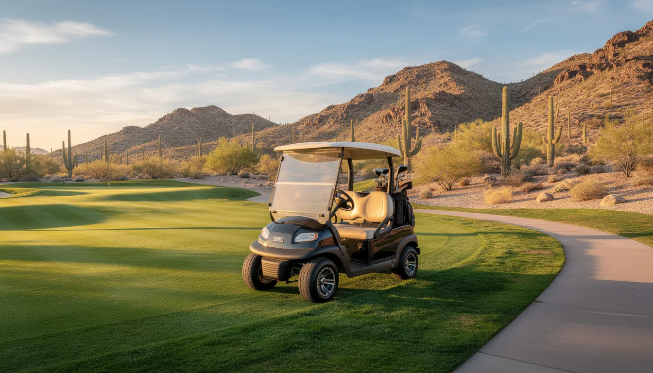 A golf cart is parked on a well-manicured fairway, surrounded by a vast desert landscape under a clear blue sky. The scene captures the essence of a golf course, highlighting the beauty of the outdoors while golfers enjoy their game, possibly managing discomfort from conditions like sciatica or lower back pain.