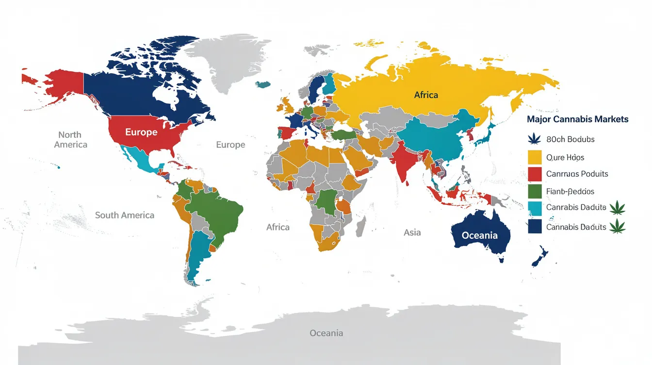 The image depicts a world map with various regions highlighted in different colors to indicate major cannabis market areas, showcasing the global cannabis vaporizer market trends. This visual representation emphasizes the market growth and consumer preferences in different regions, including North America and Europe, as well as the rising popularity of alternative consumption methods like vaporizers.