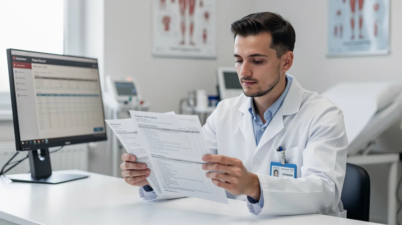 A medical professional is sitting at a desk in a clinical setting, carefully reviewing patient documents. The scene emphasizes the importance of accurate medical records for assessing eligibility for social security disability benefits and understanding an individual's physical and mental limitations.