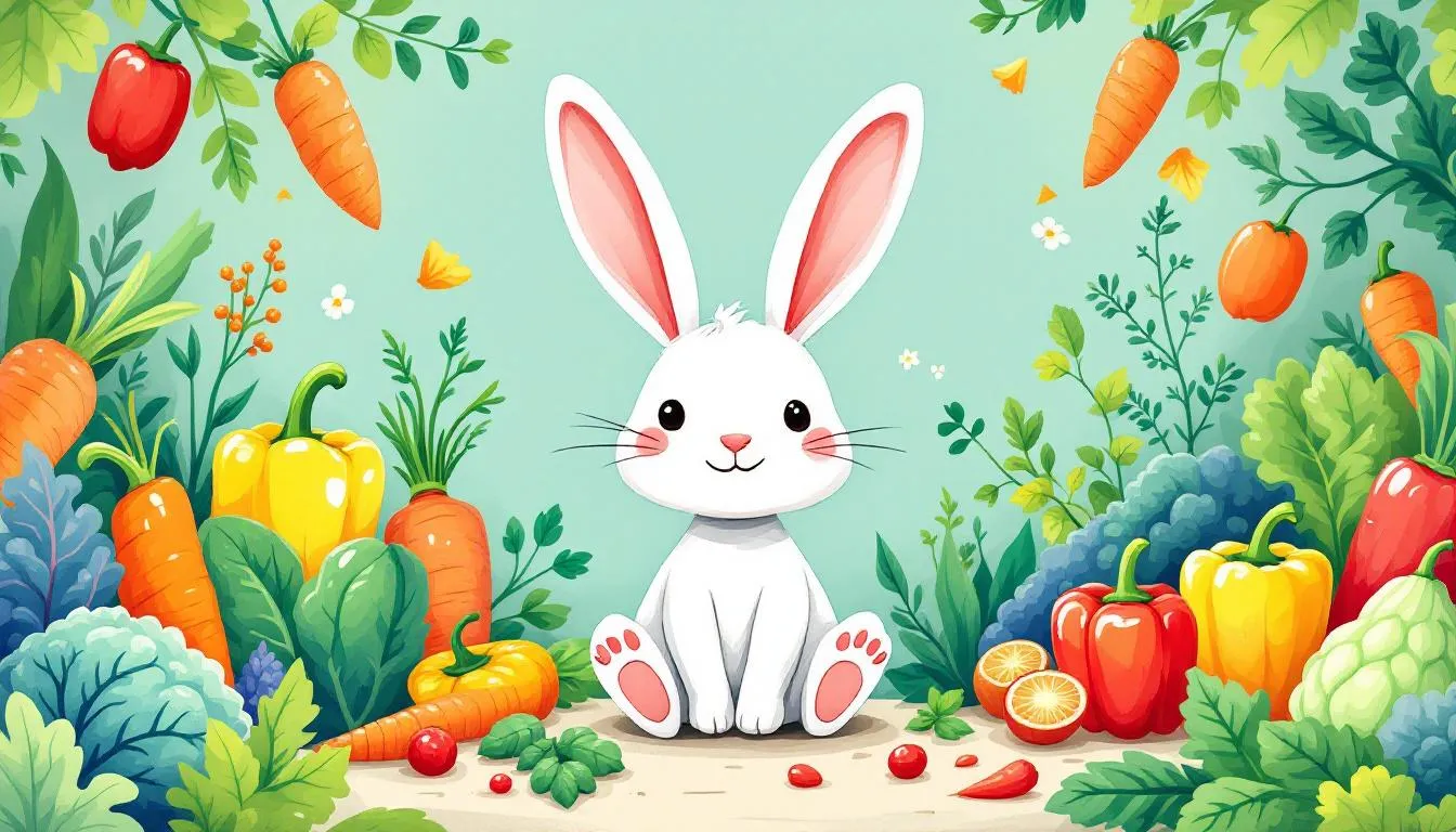 A variety of fresh foods that are essential components of a rabbit's diet.