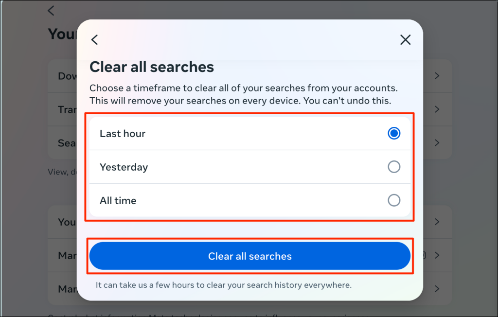 Search history deletion options on Instagram Web
