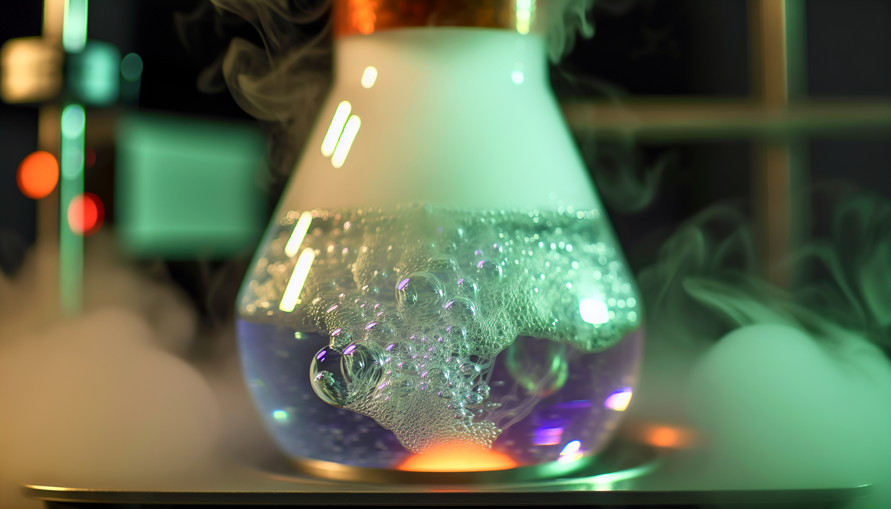 A close-up of an Erlenmeyer flask containing boiling liquid