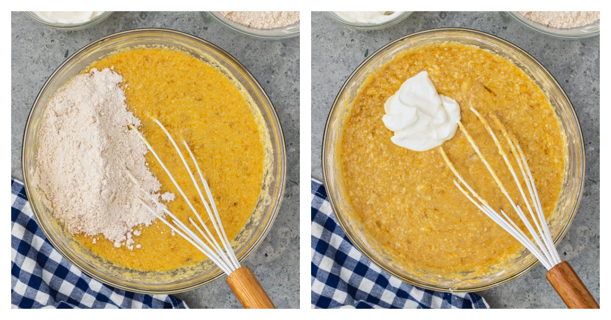 two photos of flour and sour cream being added alternately 