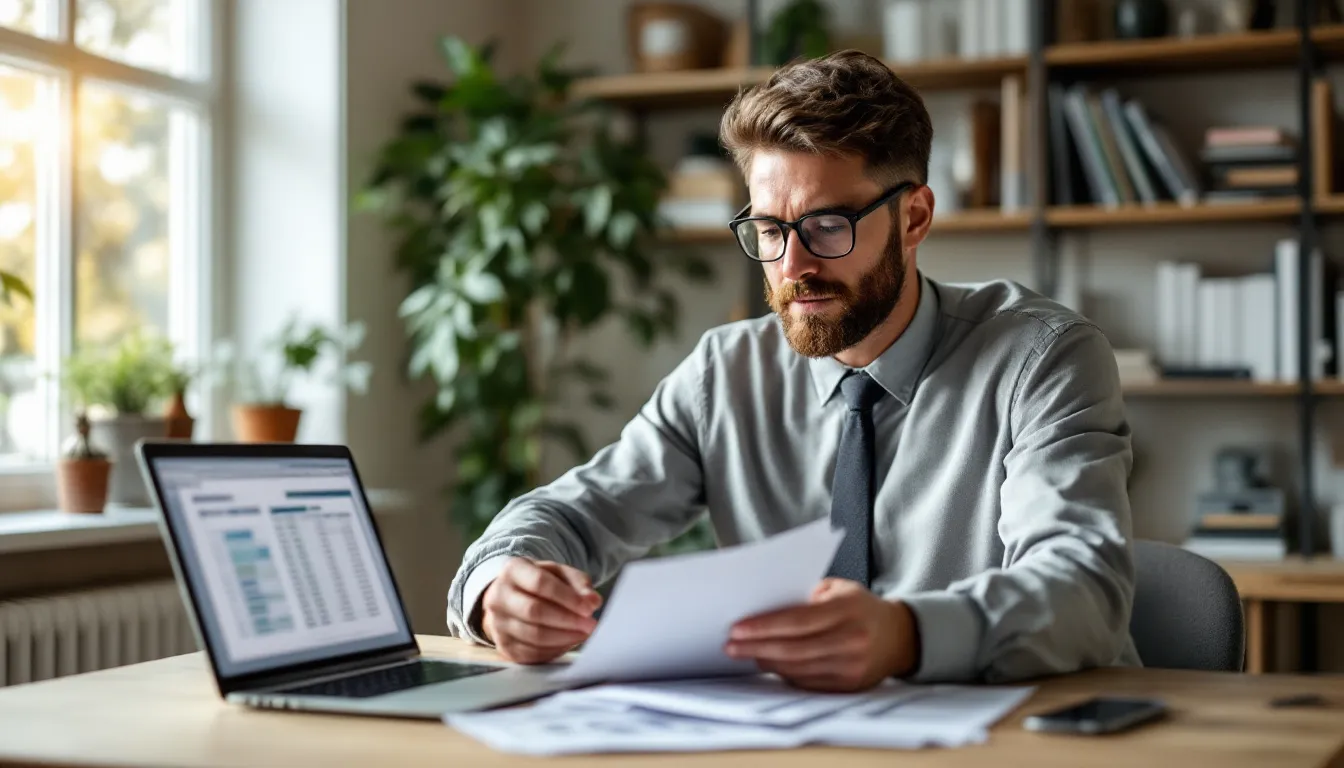 A small business owner sits at a desk, thoughtfully reviewing financial documents and considering various career funding options to enhance their capital access. The scene highlights the importance of informed decision-making for mid-sized businesses seeking revenue-based financing and effective management of working capital to discover oppportunities and control costs. 