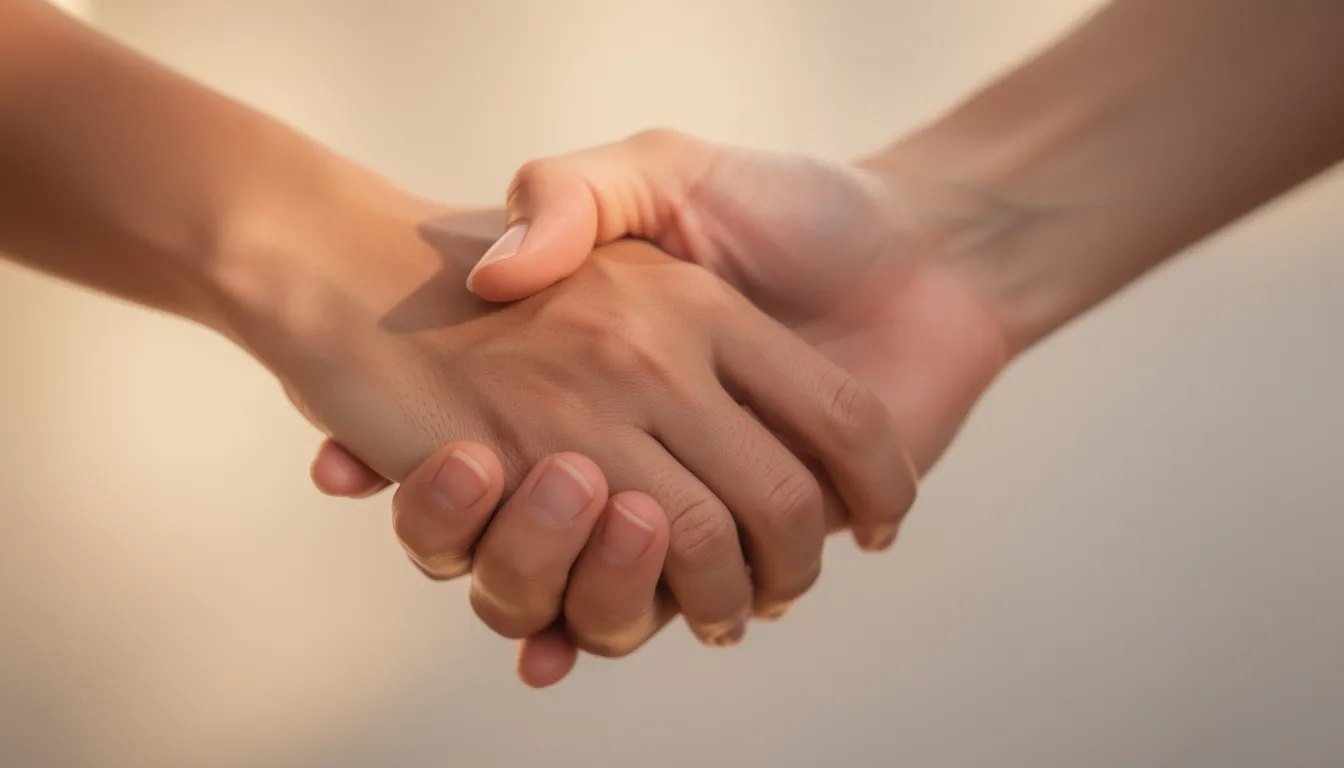 The image depicts two hands gently holding each other, symbolizing warmth and connection in a relationship. This tender moment reflects the love and support found in a marriage, reminding us to pray for our wives and honor God in our partnerships.