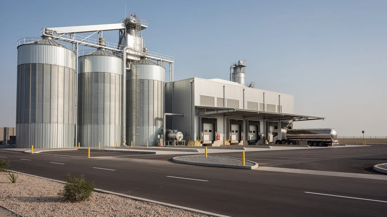 bb811177 3358 4427 aa1f cbdd52217347 The image shows the exterior of a large solvent extraction plant dedicated to oilseed processing, featuring multiple storage silos and truck loading bays for efficient operation. This industrial facility is designed for the extraction of oil from oil-bearing materials, ensuring a cost-effective and reliable method for producing crude oil and other products.