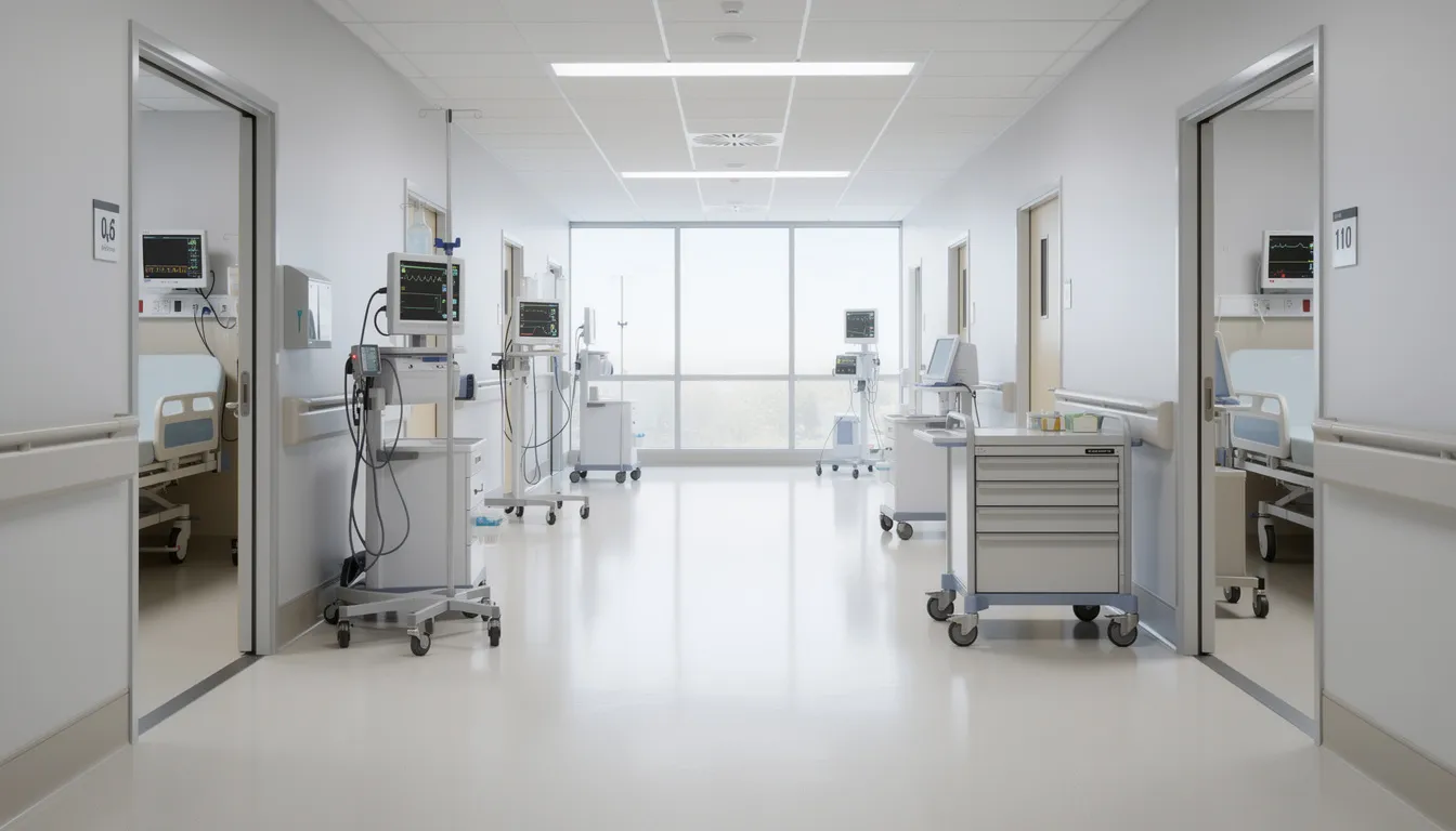 The image depicts a hospital corridor lined with medical equipment, showcasing a typical healthcare environment where medical professionals provide care. This setting highlights the importance of proper medical practices, as any negligence could lead to medical malpractice cases, emphasizing the need for experienced medical malpractice lawyers to advocate for victims.