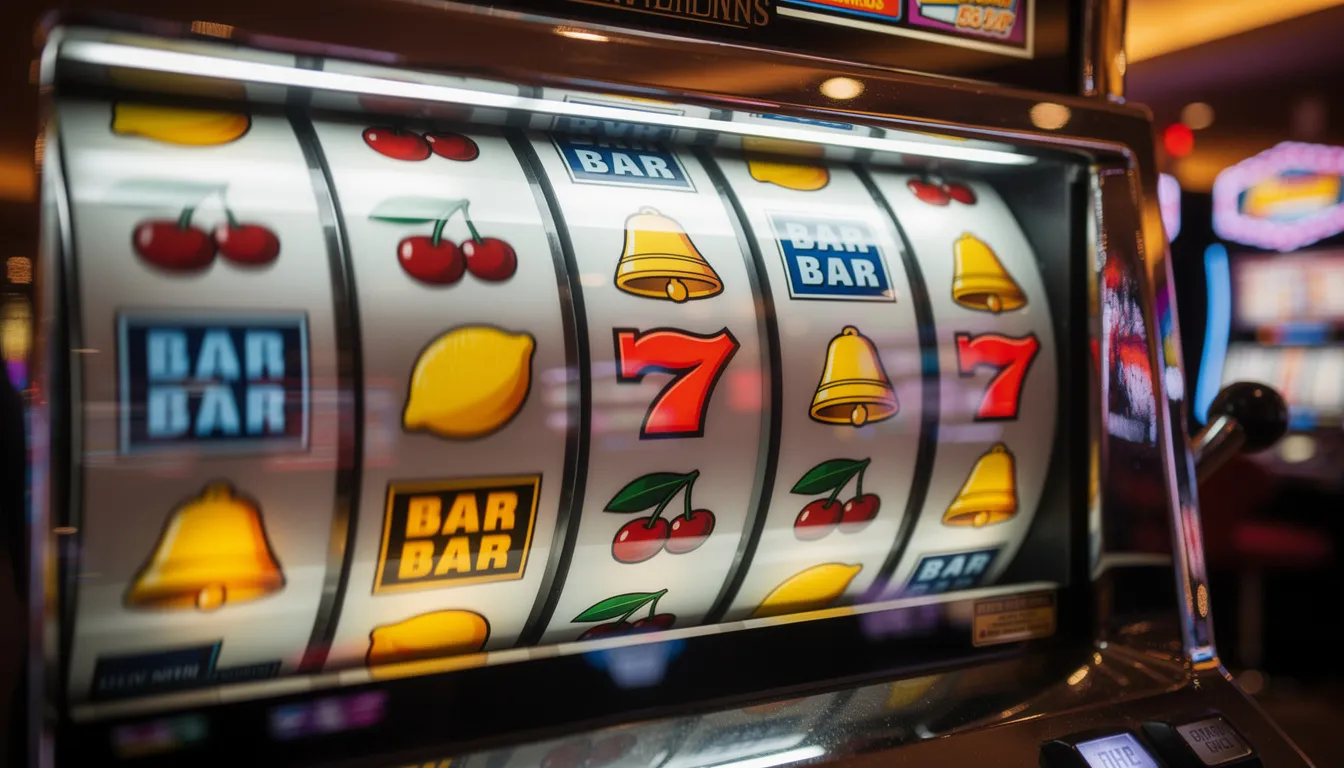 En färgglad spelautomat med snurrande hjul som visar livliga symboler i en casinomiljö. Denna typ av spel, som ofta inkluderar teman som "Buffalo Rising Megaways" och "Jackpot King", erbjuder många funktioner och möjligheter till stora vinster.