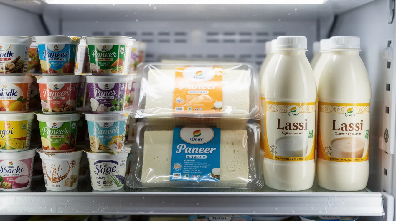 bb83fe91 601d 45d5 a056 cf6251970877 The image features a shelf stocked with a variety of packaged dairy products, including yogurt cups, paneer packs, and lassi bottles, showcasing the diversity in the dairy farming sector. This assortment highlights the importance of dairy processing and the growing demand for milk and dairy products in today's market.