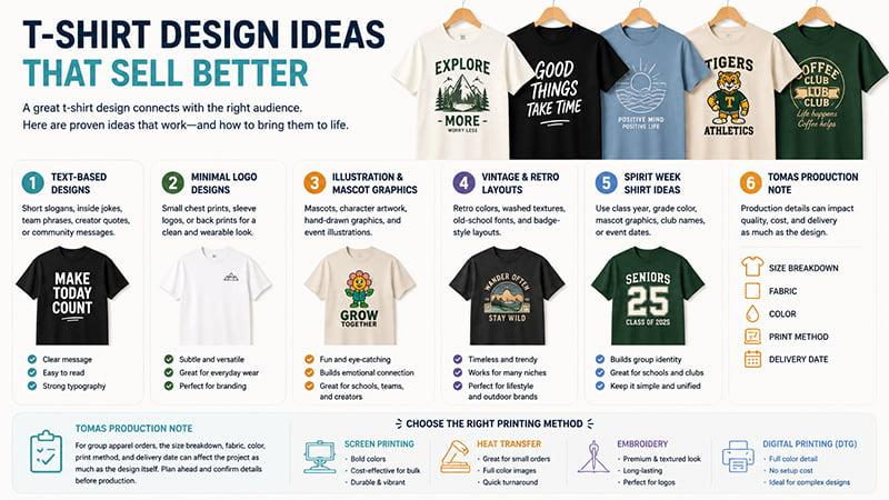 T-shirt design ideas showing text designs, minimal logos, illustrations, vintage layouts, and print methods.