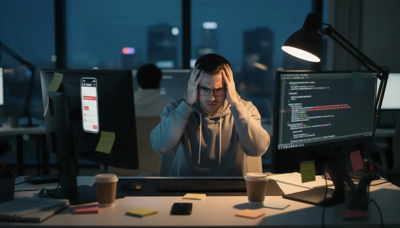 The image depicts a frustrated app developer sitting at their desk, surrounded by multiple screens displaying social media management and project management tools. The developer appears overwhelmed with his on premise software, reflecting the challenges faced by solo-led SaaS businesses as they navigate application development and customer relationship management in a competitive market.