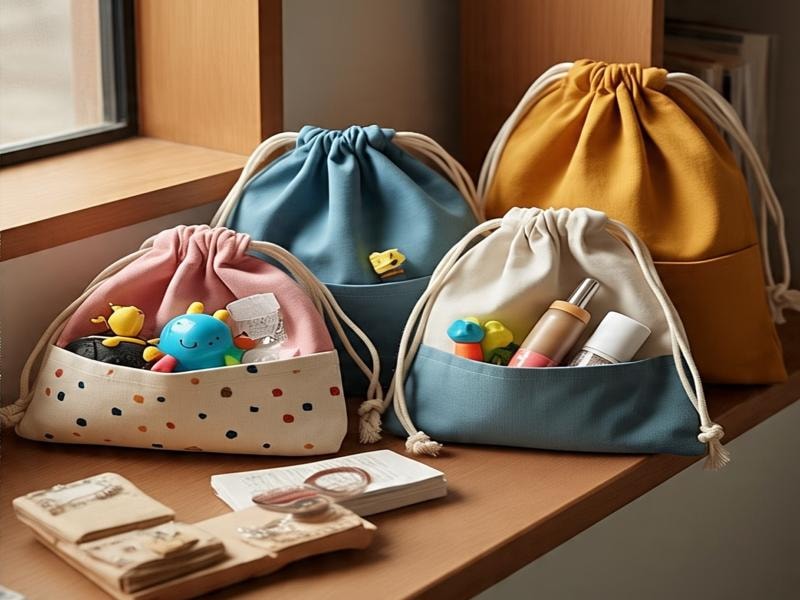Four colorful cloth drawstring bags are arranged on a wooden table, each partially filled with items like toys, and skincare bottles.
