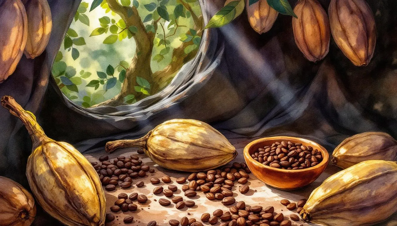 Ingredients for preparing ceremonial cacao, including cacao pods and cacao nibs.