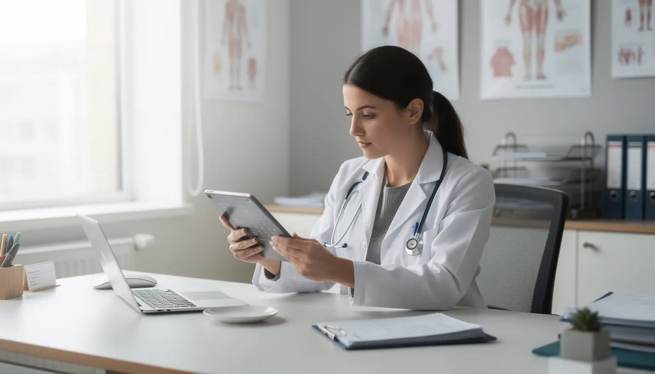 Un profesional de salud está revisando documentos digitales en una tablet dentro de su consultorio, asegurándose de que la información y los datos sean precisos para el consentimiento informado de los pacientes. El ambiente refleja un enfoque en la privacidad y la atención a los servicios de salud.