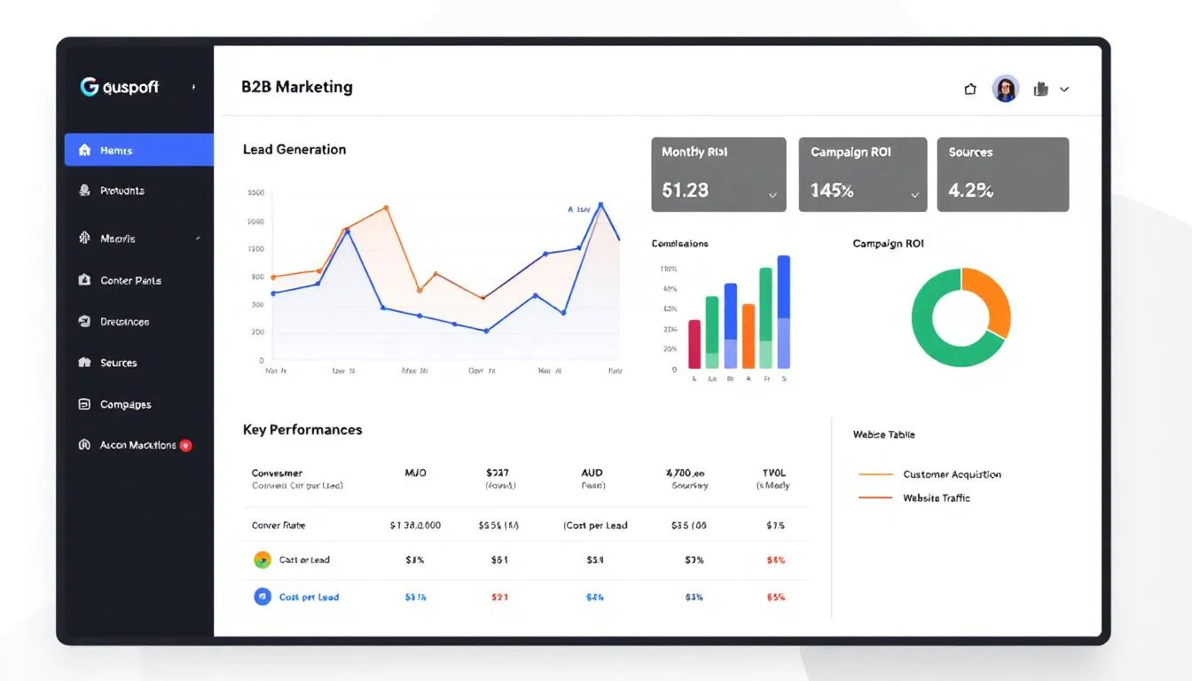 The image depicts an analytics dashboard showcasing various B2B marketing performance metrics, including charts and graphs that visualize data on marketing efforts, lead generation, and customer engagement. This dashboard provides valuable insights for marketing teams to refine their marketing strategy and optimize campaigns targeting business buyers across multiple digital channels.