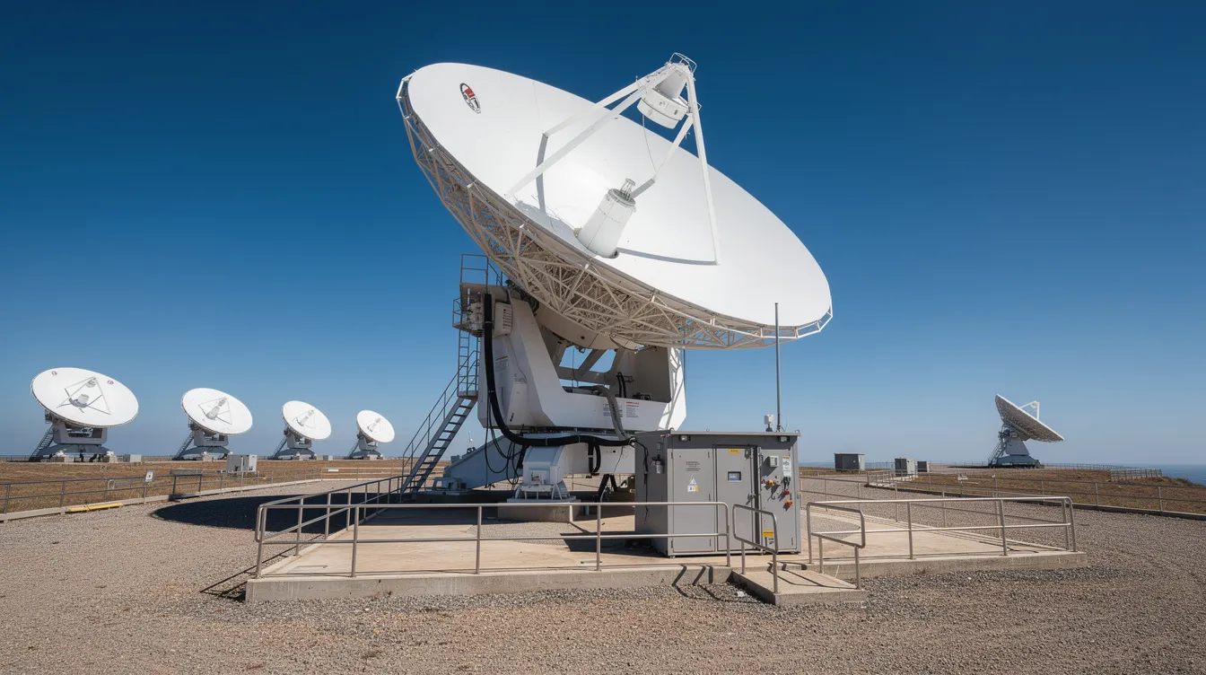 The image shows a large satellite dish installation on a roof, designed for optimal signal reception, with the dish properly aligned to ensure minimal signal loss. Essential equipment like coaxial cables and a low noise block (LNB) are visible, indicating a professional installation process for enhanced DSTV signal strength.