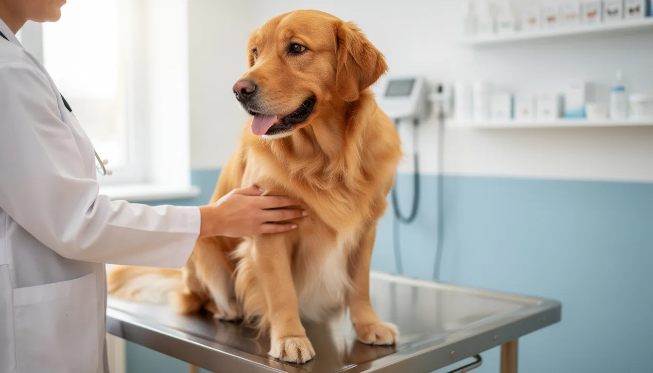 Na obrazku widoczny jest pies rasy golden retriever, który spokojnie siedzi na stole do badań w gabinecie weterynaryjnym. Weterynarz przygotowuje się do przeprowadzenia zabiegu, który może obejmować kastrację psa, co jest jednym z najczęściej wykonywanych zabiegów weterynaryjnych.