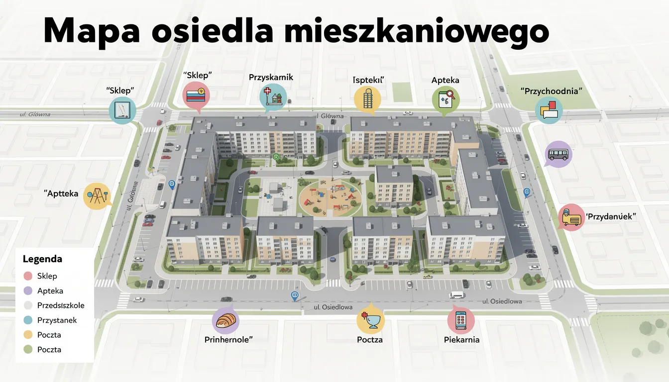 Na obrazie znajduje się mapa miasta z zaznaczonymi punktami usługowymi w okolicy osiedla mieszkaniowego, co może znacząco zwiększyć atrakcyjność oferty sprzedaży mieszkania dla potencjalnych nabywców. Wizualizacja ta pomaga w lepszym zrozumieniu lokalnych atutów nieruchomości i dostępności komunikacji miejskiej.