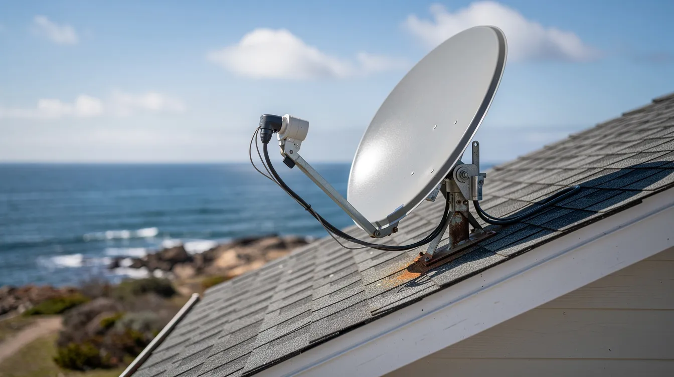 A satellite dish is prominently mounted on the rooftop of a coastal home, with a scenic view of the ocean in the background. This image highlights the importance of professional DSTV installation services in West Beach, ensuring optimal signal reception in coastal conditions.