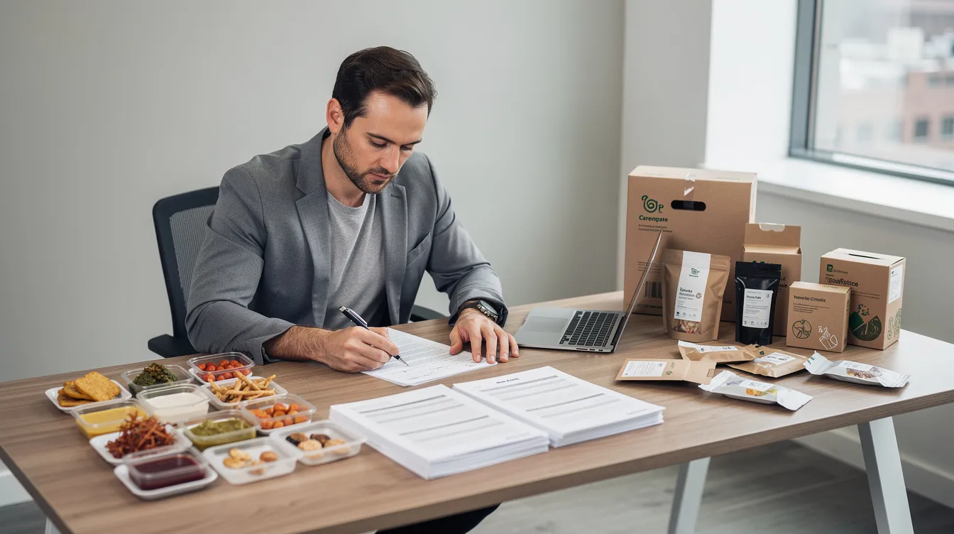 bb8cbda7 4328 4c41 8818 d2020360fba4 An entrepreneur is seated at a desk, reviewing paperwork related to their food business, while food samples and packaging materials are arranged nearby, indicating preparations for a new venture in the food industry. The scene captures the essence of planning and organization essential for starting a profitable food business from home.