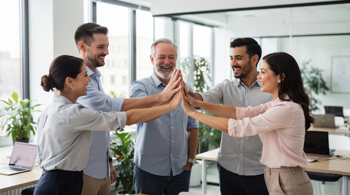 Une équipe de salariés célèbre un succès commun en se donnant des high-fives dans un espace de travail ouvert et lumineux, illustrant l'engagement et la culture d'entreprise. Cette scène met en avant l'importance des valeurs d'entreprise et du leadership dans la création d'un environnement collaboratif.
