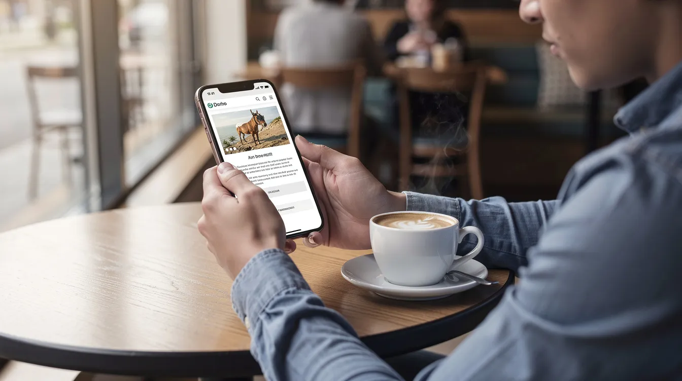 A person is sitting at a cafe table, using a smartphone to browse a website, with a warm cup of coffee placed nearby. This scene highlights the relaxed atmosphere often found in women-owned businesses, where entrepreneurs can connect and explore various wellness food options.