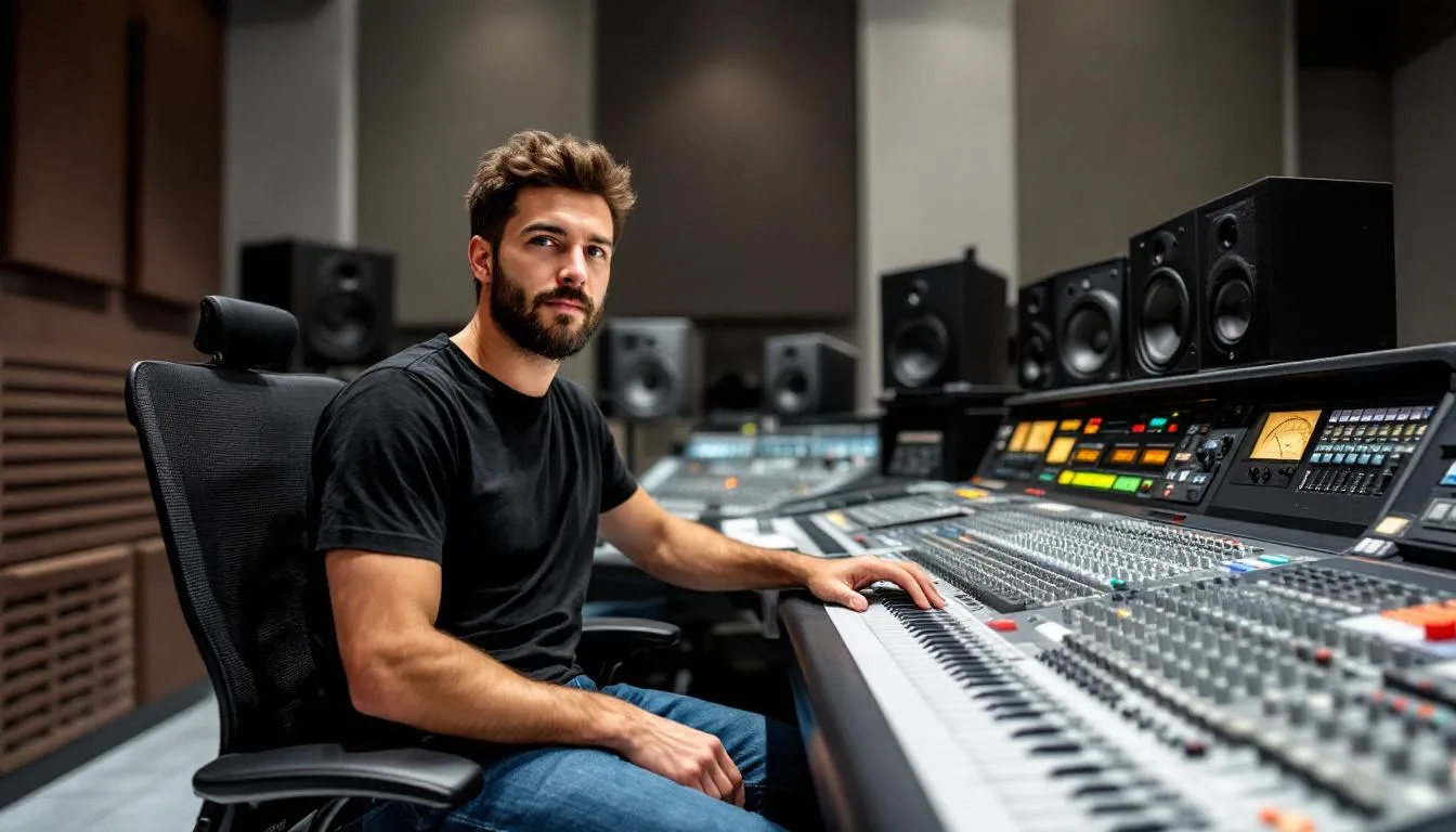 Un ingegnere di missaggio professionale si concentra nel regolare più tracce audio su un mixer a grande formato in uno studio di registrazione moderno, assicurandosi un buon mix di suoni diversi e bilanciando gli elementi più importanti per una produzione musicale ottimale. L'ingegnere utilizza monitor da studio e cuffie per creare un prodotto finale chiaro e rifinito mentre controlla la profondità e la chiarezza delle tracce individuali.
