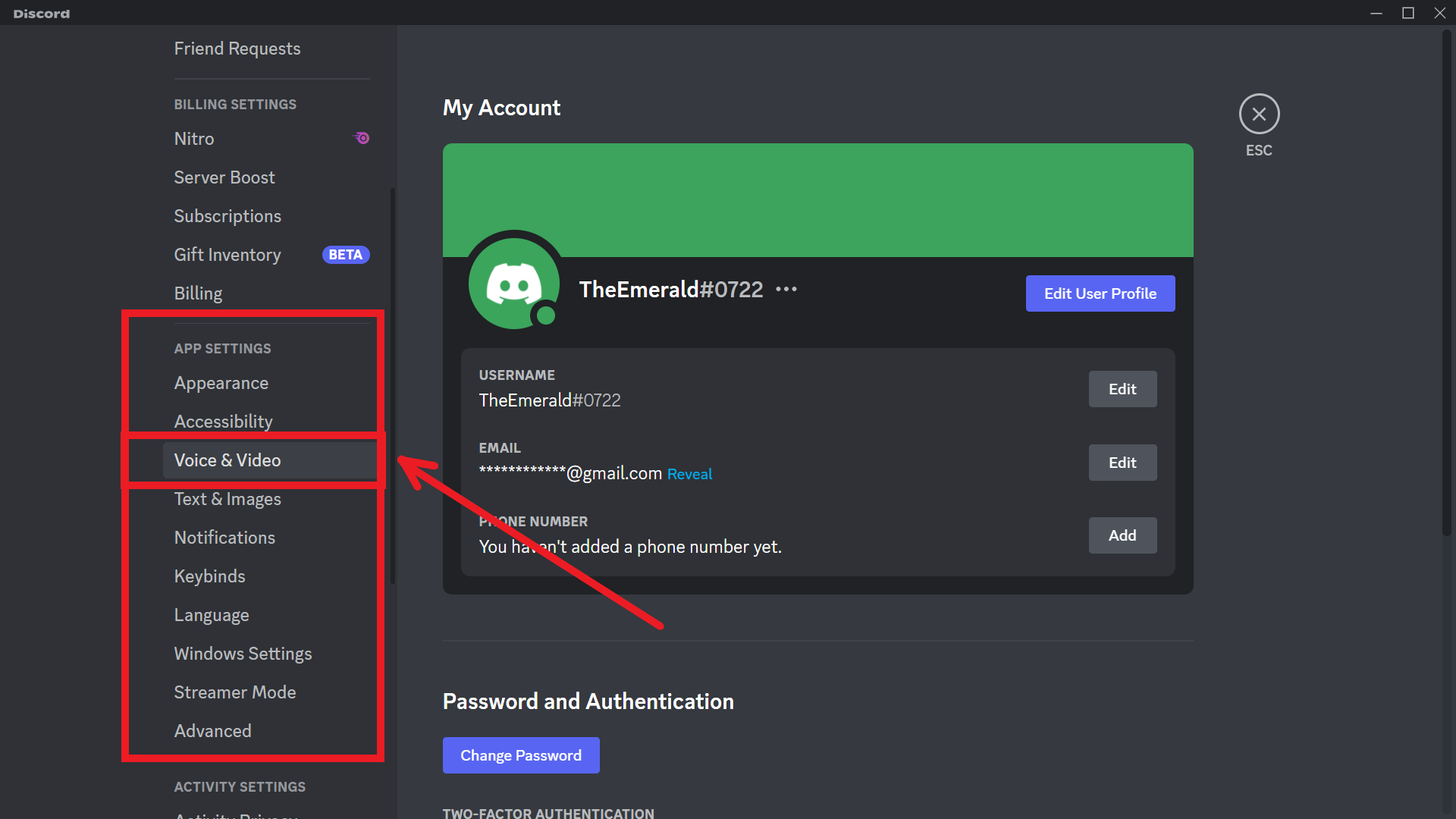 Steps showing how to access the Voice and Video settings page on Discord desktop