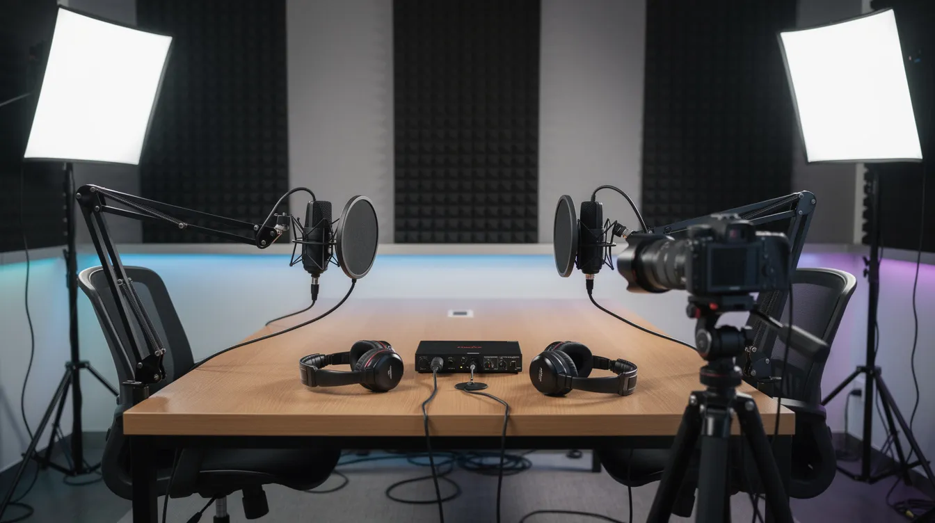 The image depicts a professional podcast recording studio featuring two high-quality microphones, a camera mounted on a tripod, and bright studio lighting, creating an ideal environment for producing engaging podcast episodes and video content. This setup is designed for content creators looking to repurpose podcast content across various platforms, enhancing their reach and audience engagement. The image depicts a professional podcast recording studio featuring two high-quality microphones, a camera mounted on a tripod, and bright studio lighting, creating an ideal environment for producing engaging podcast episodes and video content. This setup is designed for content creators looking to repurpose podcast content across various platforms, enhancing their reach and audience engagement.