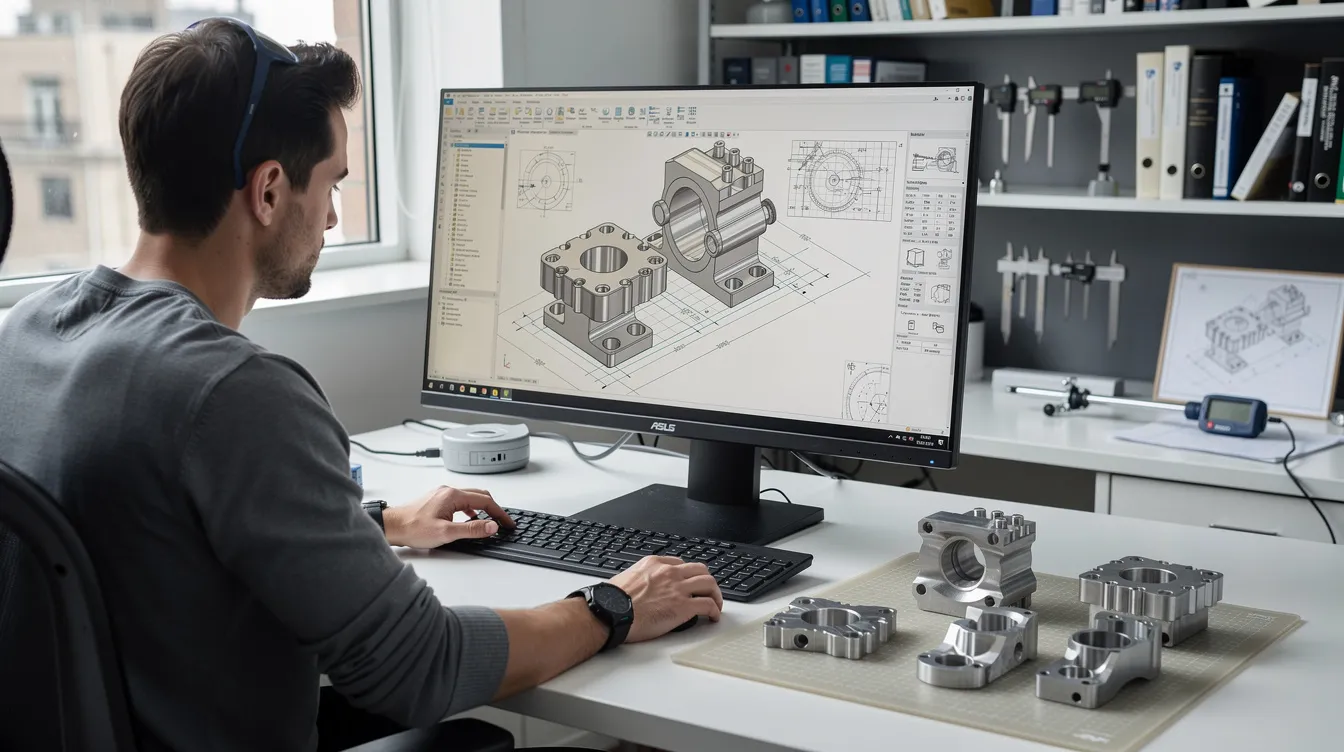 An engineer is intently reviewing CAD drawings on a monitor, with precision metal prototype parts, including high temperature alloy sheets, displayed on the desk beside them. This scene reflects the commitment to quality management principles and continuous improvement in the aerospace and commercial markets, emphasizing the importance of ISO 9001 2015 certification for metal suppliers.