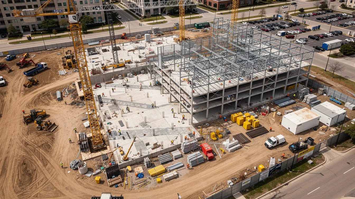 An aerial view of a bustling commercial construction site showcases cranes towering over steel framing, with construction workers actively engaged in their tasks. This scene illustrates the complexity of managing project risks and implementing effective risk management strategies to ensure the safety and success of the construction project.