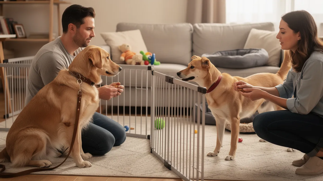 The image depicts an adult dog and a new puppy meeting in a neutral location, showcasing positive dog body language such as a play bow and relaxed tails. This scene illustrates the step-by-step introduction process, emphasizing the importance of calm interactions to foster a successful introduction between the resident dog and the new family member.